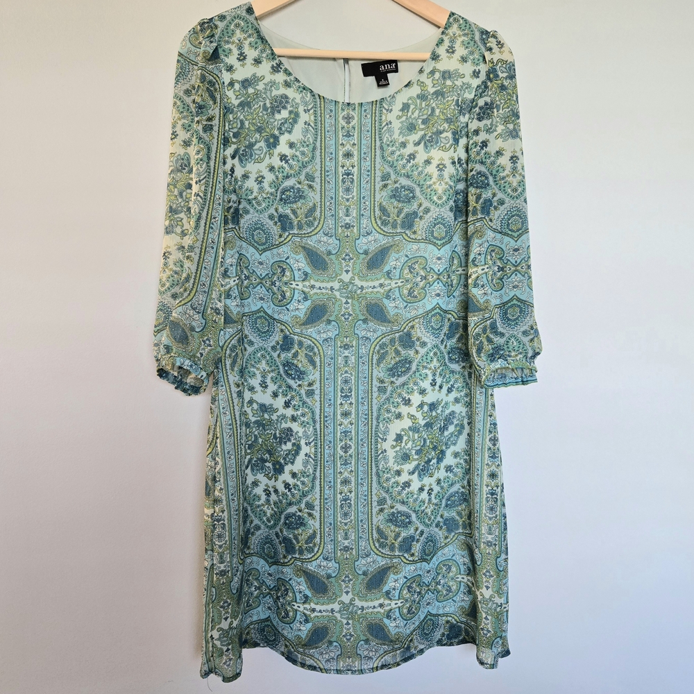 A.N.A. Sz Sm Aqua Blue Green Floral Paisley 3/4 Sleeve Sheer Lined Elegant Dress
